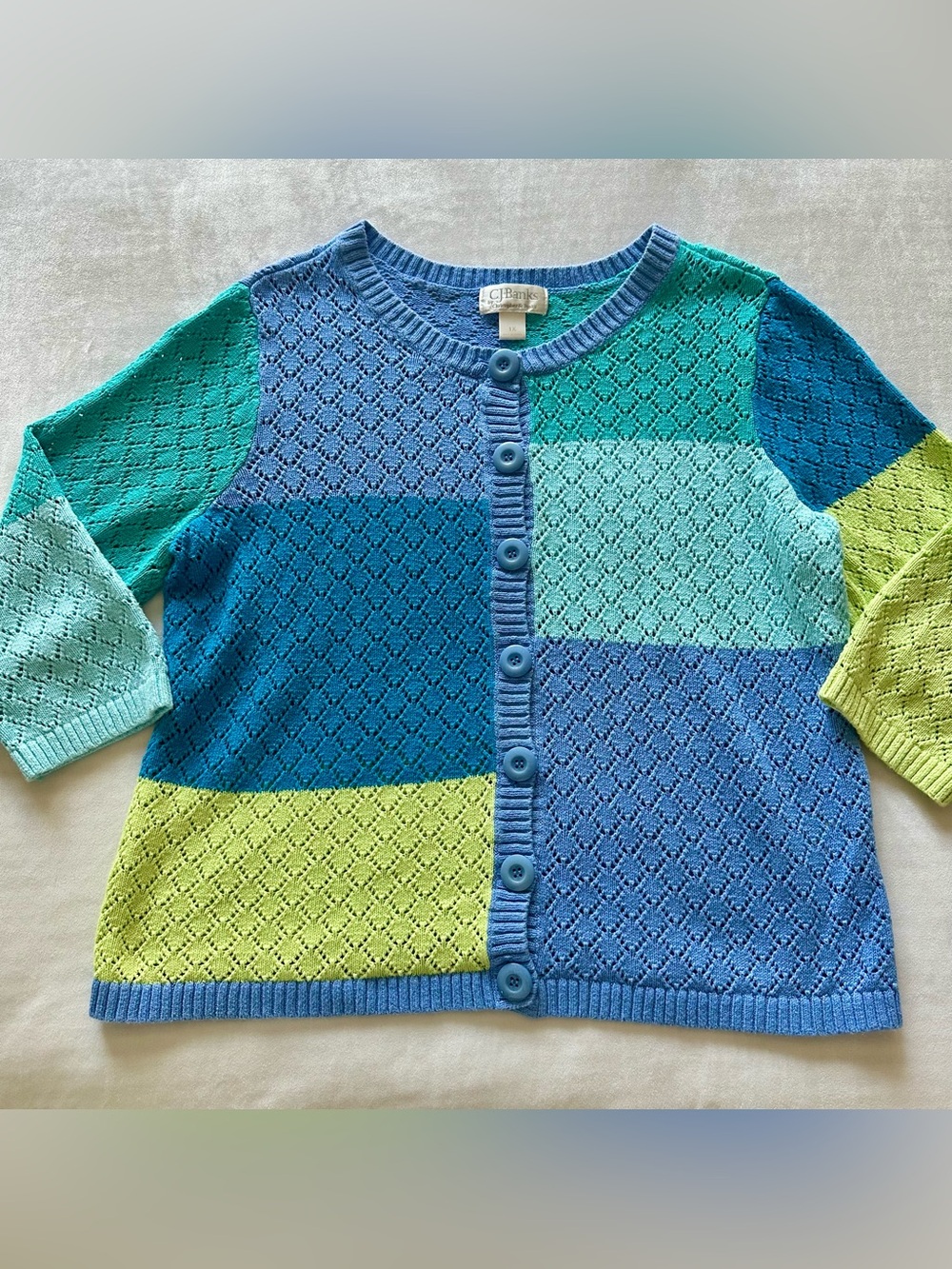 vintage shades of blue & green diamond eyelet cotton/ramie cardigan / sz 1x